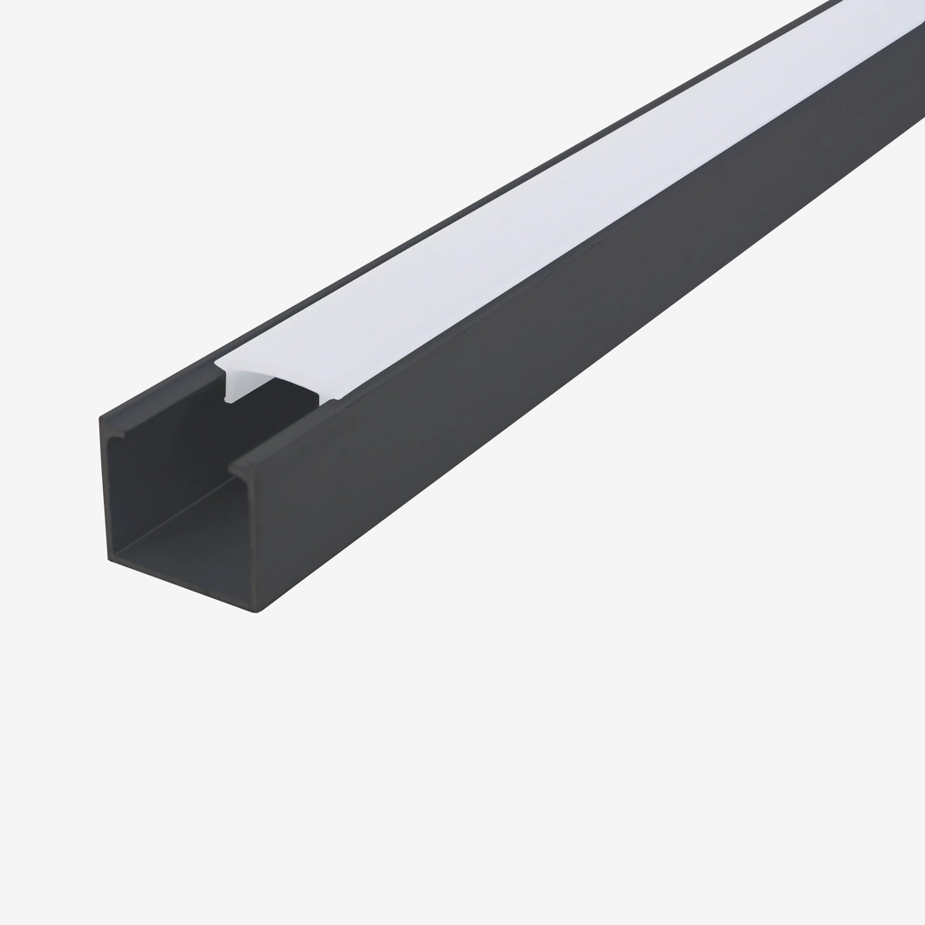 KIT Perfil Aluminio 2mt | Sobrepuesto Ligero | Cuerpo Negro, Difusor Opalino
