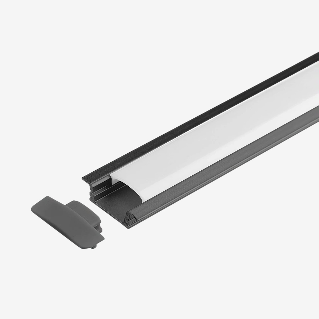 [PAL.011CN.020] KIT Perfil Aluminio 2mt | Empotrable Compacto| Cuerpo Negro + Difusor Opalino