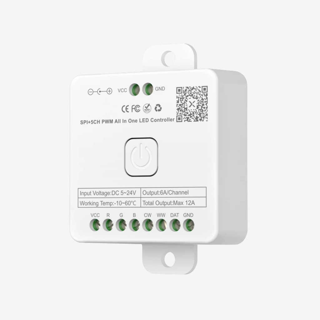 Halley | Controlador RGBWW + Pixel| Bluetooth + RF | 5-24V 6x6A 20A.Max | Sin Remoto | APP Audioritmico Temporizador