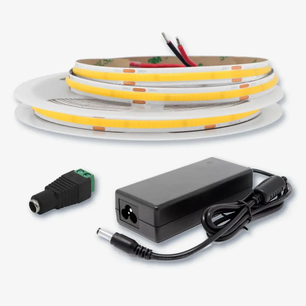 Kit 5mt - Tira 480 LED/mt COB 24V Blanco Natural 4000K 5MT IP20.Interiores 12w/mt + Fuente Poder + OHM Hembra