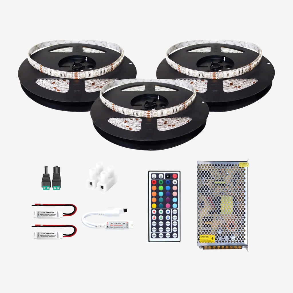 KIT 15 Metros – Tira con 60 LED /mt 5050 RGB Multicolor – Con Recubrimiento IP65 12v 5mt