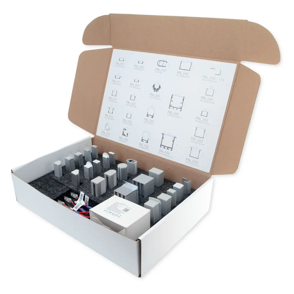 [EXH.001.010] Muestrario Portatil Perfilería | 23 Modelos | 4 Tramos de tira LED 10cm (2700, 3000, 4000, 6000K) |Incluye Fuente de Poder