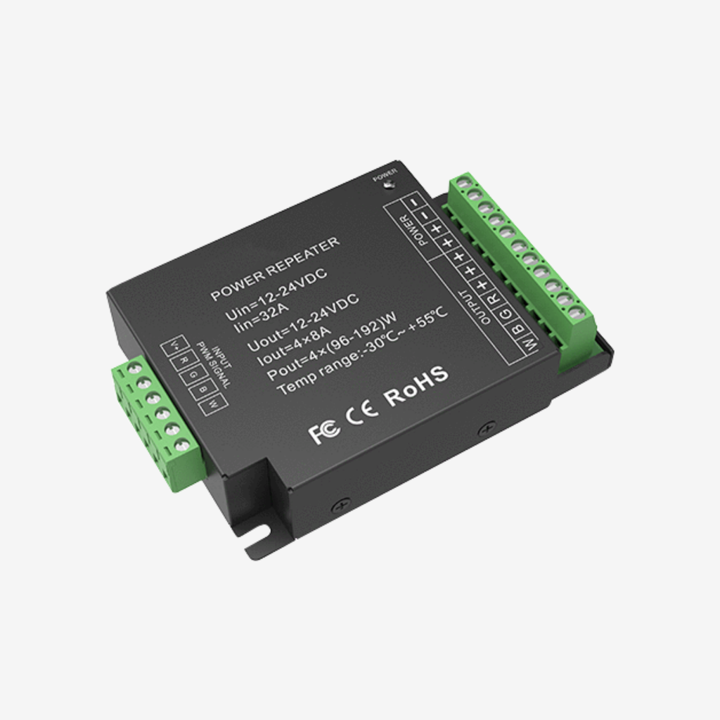 [SCO.072.404] CHROMA | Repetidor RGBW Bajo Voltaje | 12-24V 4x8A – Carcasa Metálica 