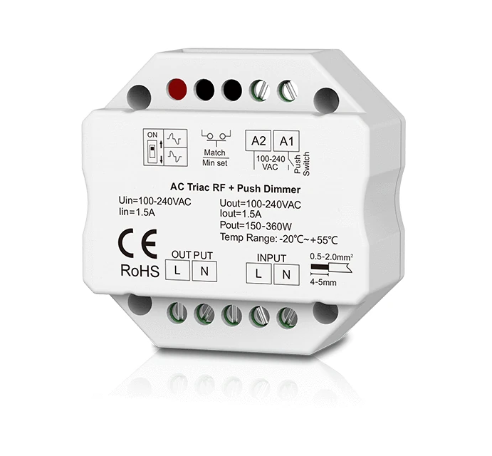 [SCO.072.106] CHROMA | Atenuador Triac | Zigbee + RF +Switch | 100-240 Vac, Salida 1x1.5A | Con Ajuste de Brillo Mínimo | Carcasa Plástica