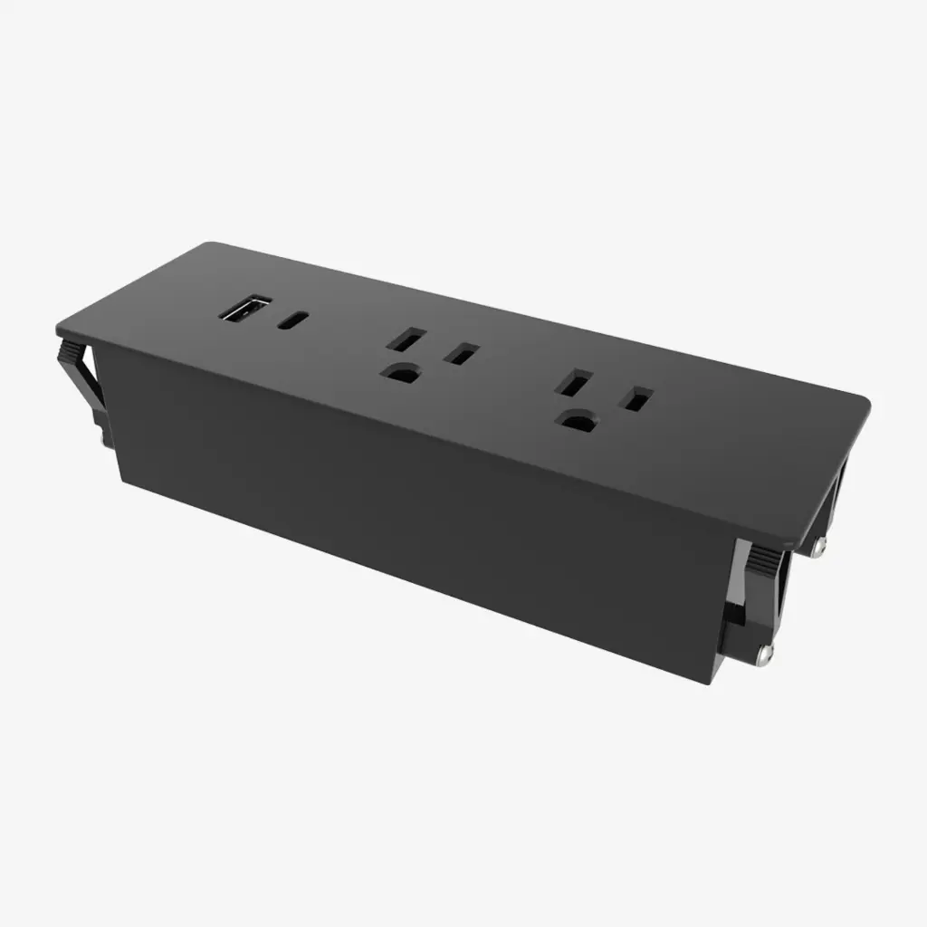 Multicontacto Empotrable Negro | 3 x 120V 15A | 1xUSB.A + 1xUSB.C 15W | Cable 180cm | Perforacion 150*51mm
