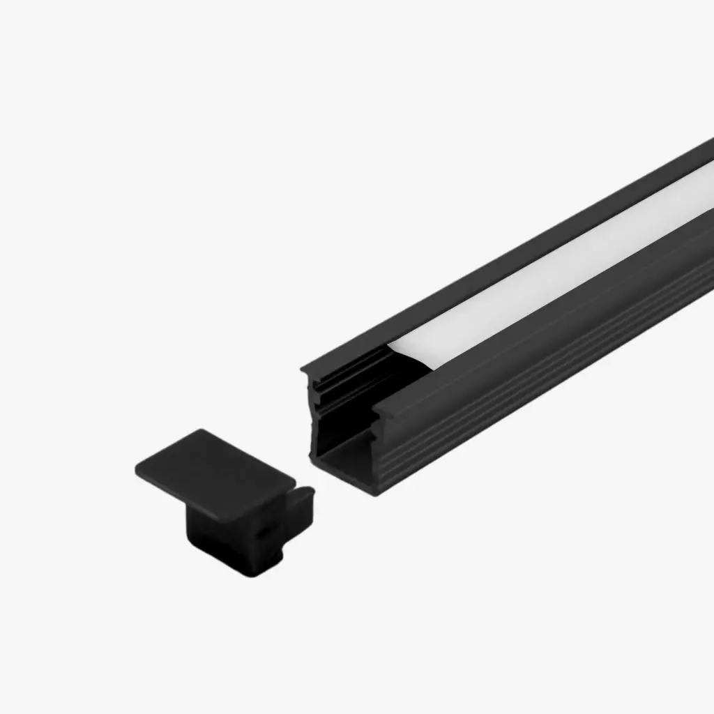 KIT Perfil Aluminio 2mt | SuperCompacto | Cuerpo Negro, Difusor Opalino a presión
