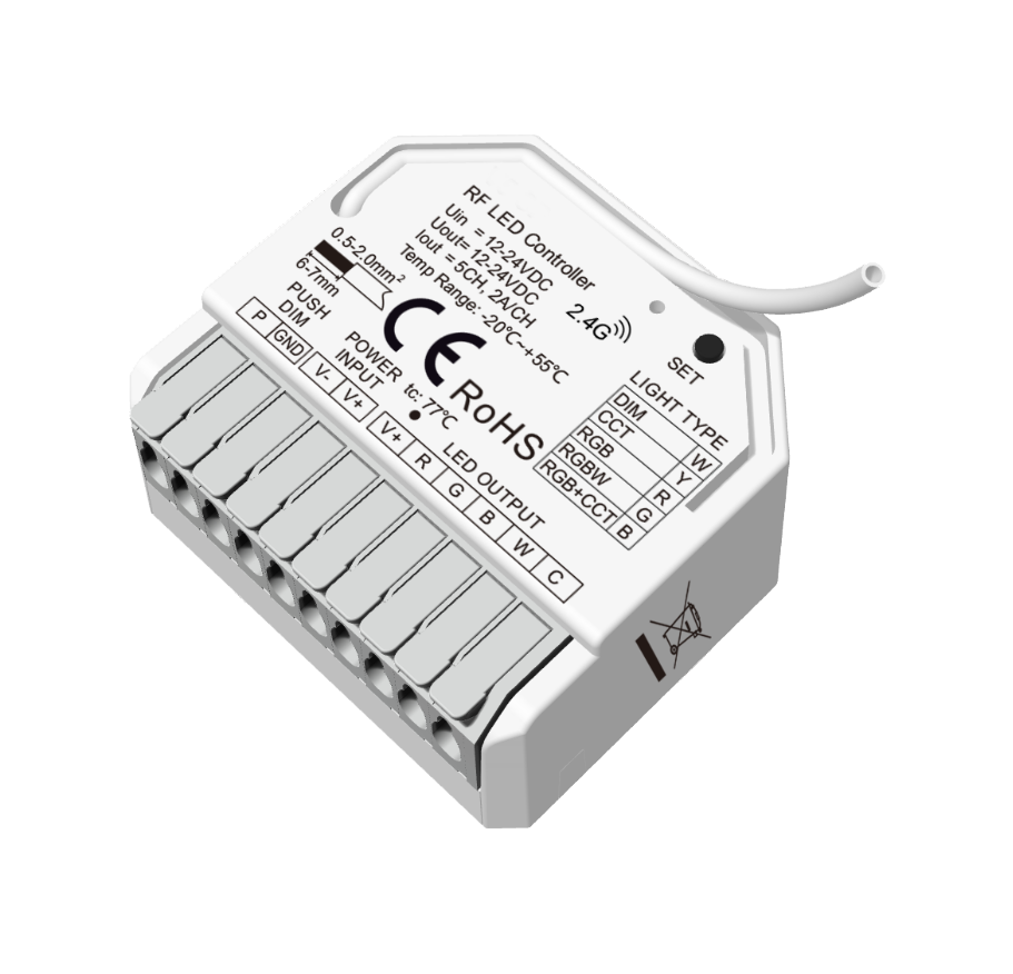 CHROMA | Controlador 5en1 Unicolor - RGB+2W | RF + Switch Externo | 5x2A 12-24 V⎓ | Sin Remoto
