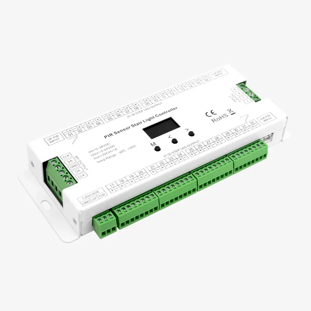 CHROMA | Controlador Dinamico para Escalera Unicolor / SPI | 32x1A 5-24V 960Px | Incluye 2xSensor PIR + 1xFotocelda