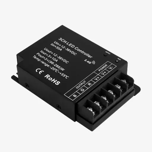 [SCO.071.304] CHROMA | Controlador RGB RF Bajo Voltaje | 12-36V 3x10A – Carcasa Metálica (No incluye Remoto)