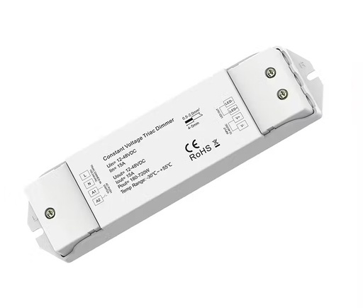 [SCO.072.112] CHROMA | Controlador Atenuador Triac→PWM para Tiras LED Bajo Voltaje 12-48V | 40-220 Vac (Señal Triac) 1x15A (Salida PWM) – Carcasa Plástica