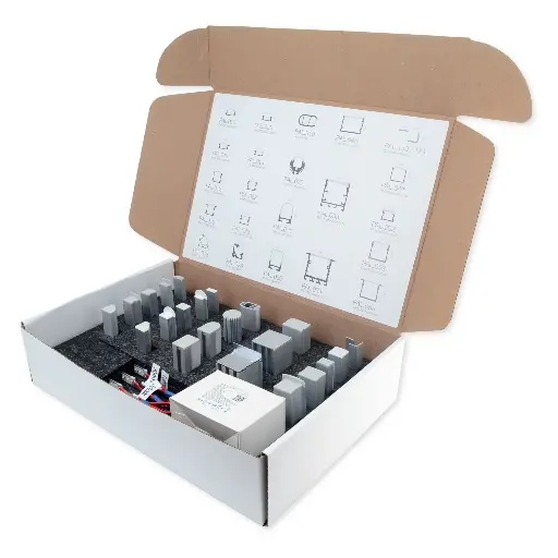 [EXH.001.010] Muestrario Portatil Perfilería | 23 Modelos | 4 Tramos de tira LED 10cm (2700, 3000, 4000, 6000K) |Incluye Fuente de Poder