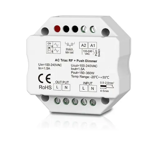 [SCO.072.106] CHROMA | Atenuador Triac | Zigbee + RF +Switch | 100-240 Vac, Salida 1x1.5A | Con Ajuste de Brillo Mínimo | Carcasa Plástica