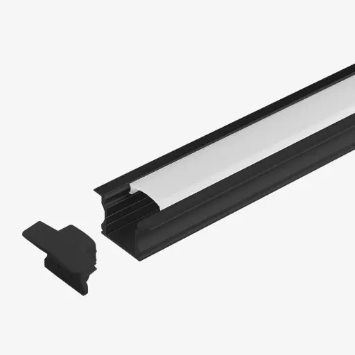 [PAL.013CN.020] KIT Perfil Aluminio 2mt Negro | Empotrable Mediano | Cuerpo Negro + Difusor Opalino