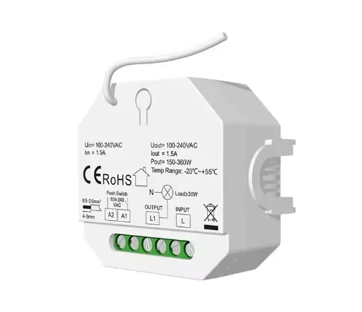 [SCO.072.104] CHROMA | Atenuador Triac | Wifi + RF +Switch | 100-240 Vac, Salida 1x1.5A | Ajuste de Brillo Mínimo | Carcasa Plástica