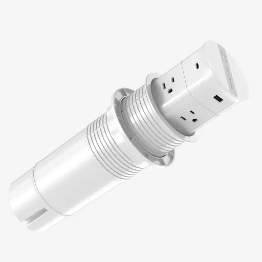 [MCO.010.130] Multicontacto Torre Empotrable PopUp | 4 x 120V 15A | 1xUSB.A + 1xUSB.C (CargaRapida 20W) | Carga Inalambrica 15W | Cable 180cm | Perforación 80mm Blanco