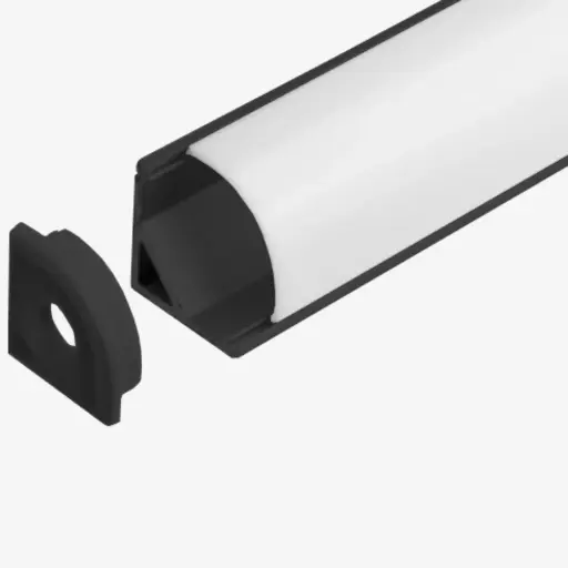 [PAL.250CN.020] KIT Perfil Aluminio 2mt | Esquinero Curvo | Cuerpo Negro + Difusor Opalino