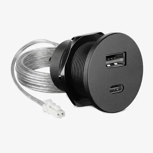 [MCO.008.010] Contacto Cargador USB Empotrable con Carga Rápida | 1 x Puerto USB.A + 1 x Puerto USB.C | Compatible con PD (PowerDelivery) y QC (QuickCharge) | Salida 30 W máx. | Cable 200cm y conector VOLTA | Carcasa Aluminio Anodizado