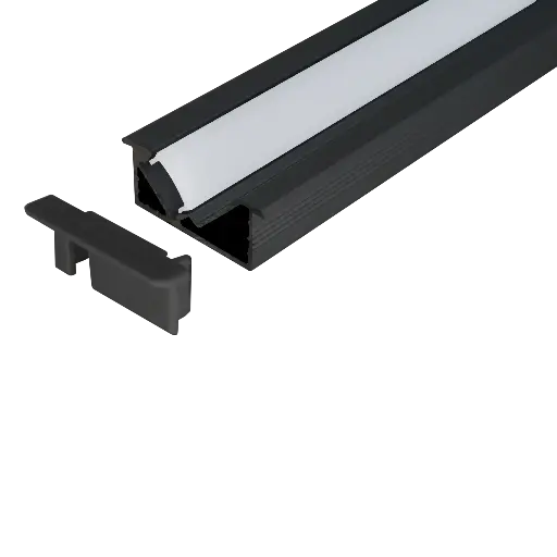 [PAL.074CN.020] KIT Perfil Aluminio 2mt | Angulado Repisas | Cuerpo Negro + Difusor Opalino